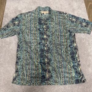 Norm Thompson Shirt Mens Large Blue Floral Hawaiian Button Front USA Cotton